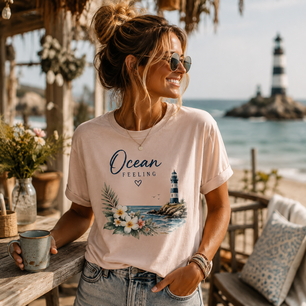 Frau trägt das Ocean Feeling Bio T-Shirt von Nomavé in einem Strandcafé am Meer mit Leuchtturm im Hintergrund – florales Küstendesign aus der Floral Collection.