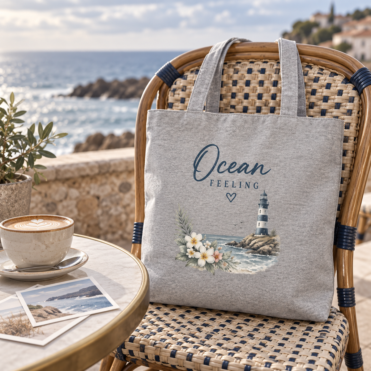 Ocean Feeling Stofftasche in Heather Grey mit Blumen und Leuchtturm auf einem Stuhl einer Küstencaféterrasse.