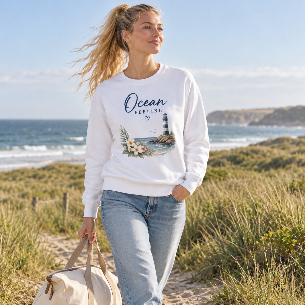 Frau im weißen Ocean Feeling Unisex Bio-Sweatshirt mit floralem Frontprint auf einem Küstenweg