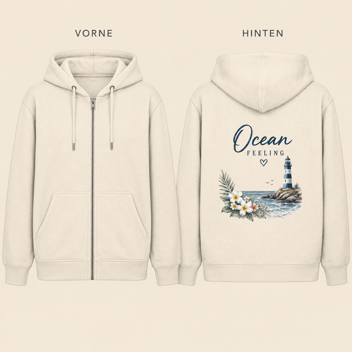 Ocean Feeling Bio-Zipper in Natural Raw – Splitansicht mit Reißverschluss und unbedruckter Front links sowie floralem Rückenprint rechts