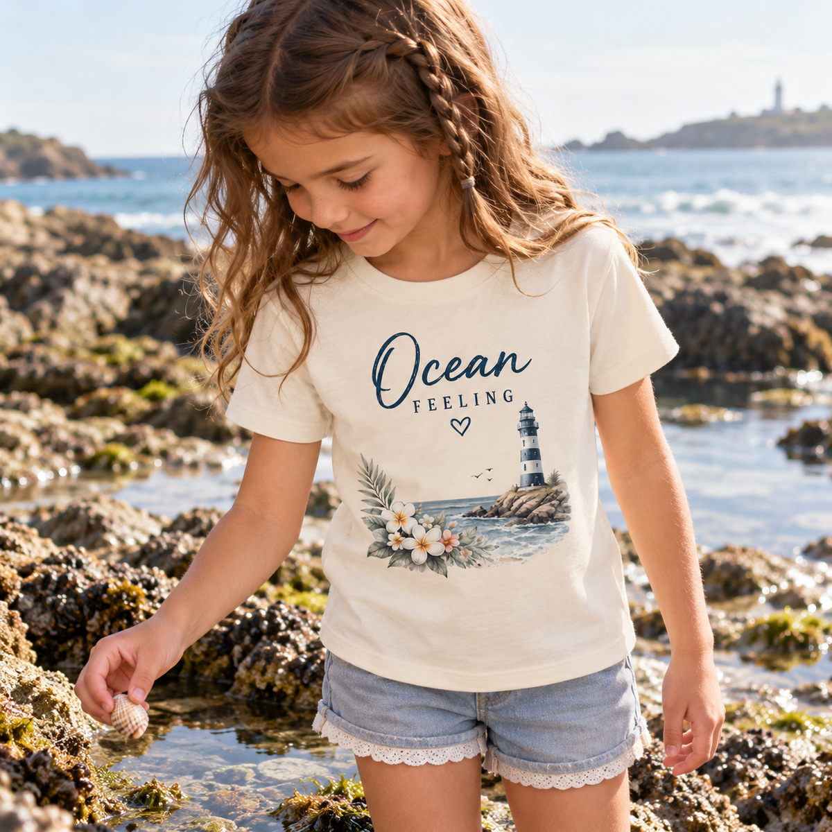 Mädchen im Ocean Feeling Kinder Bio-T-Shirt in Natural Raw mit floralem Frontprint beim Muschelsuchen an der Küste