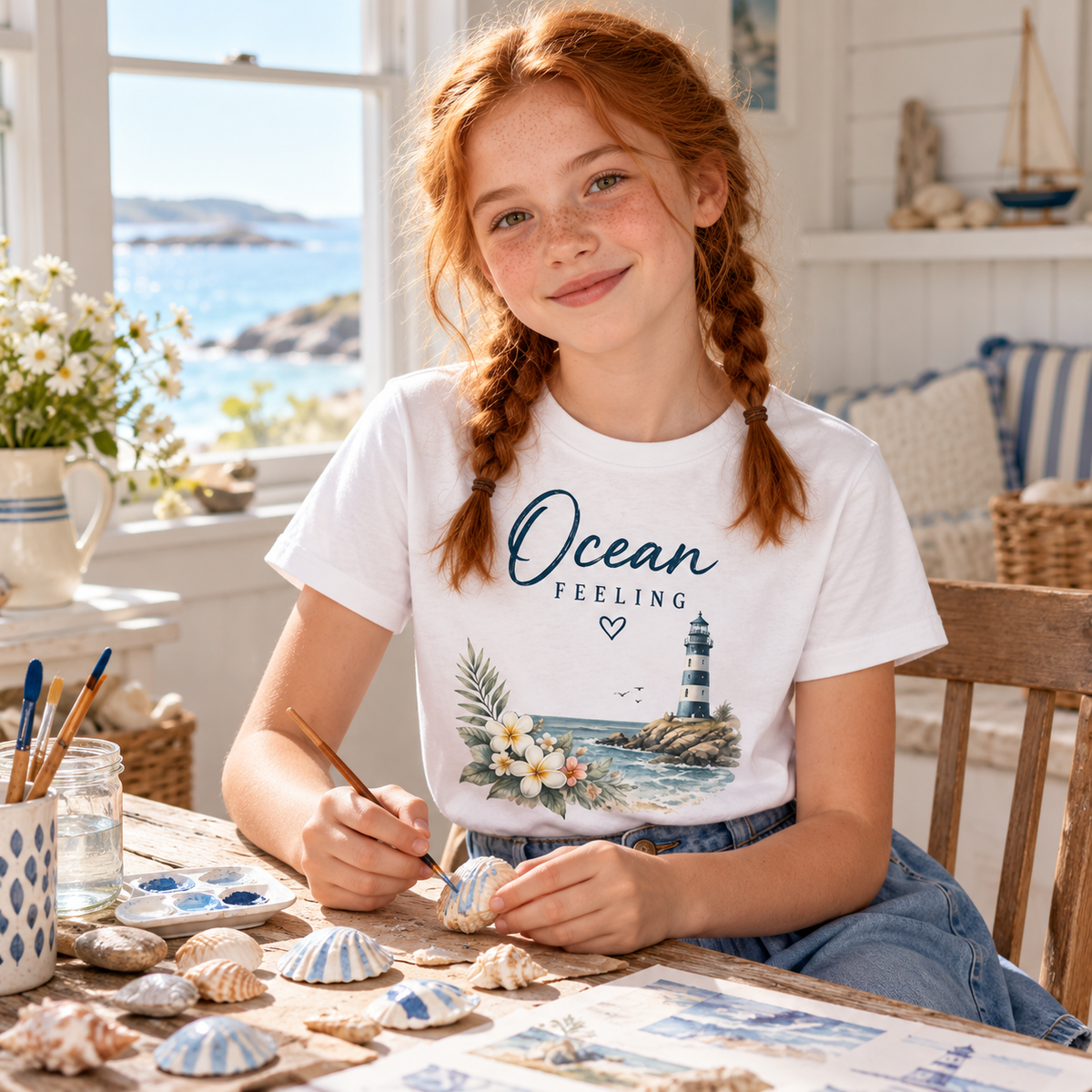 Mädchen im weißen Ocean Feeling Kinder Bio-T-Shirt mit Blumen und Leuchtturm vorne beim Bemalen von Muscheln