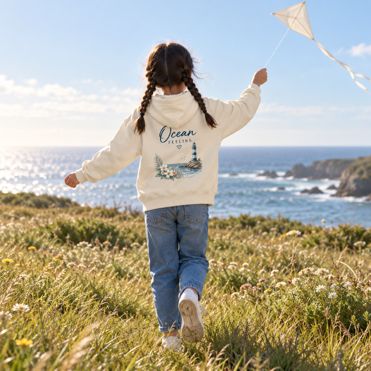 Mädchen im Ocean Feeling Kinder Bio-Hoodie in Natural Raw mit floralem Rückenprint beim Drachensteigen an der Küste