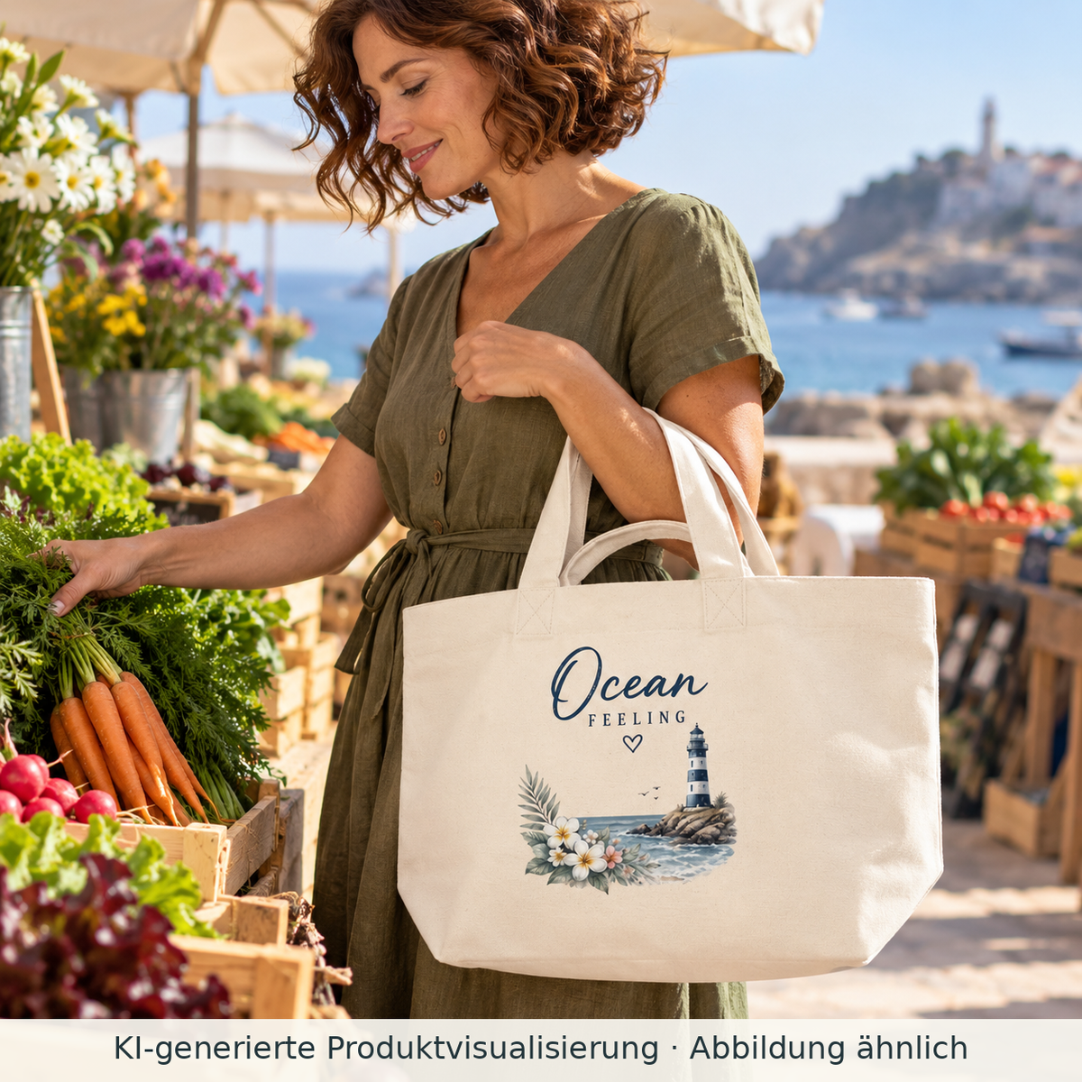 Frau trägt einen Ocean Feeling Shopper in Natural Raw mit floralem Leuchtturm-Motiv am Küstenmarkt.