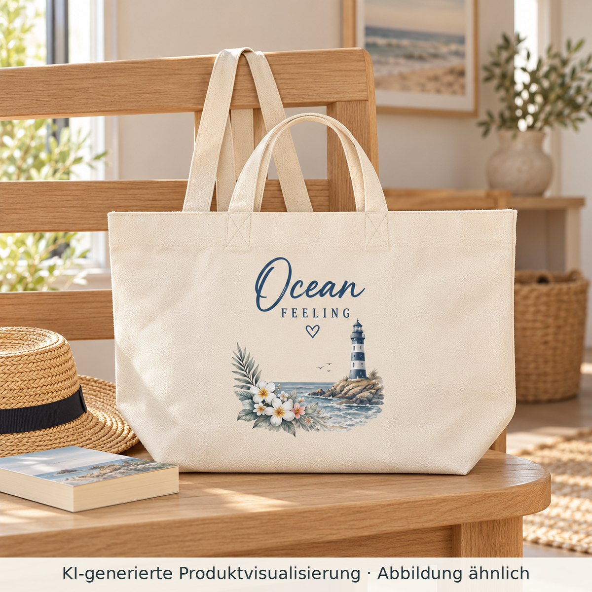 Ocean Feeling Shopper in Natural Raw mit Blumen und Leuchtturm auf einer Holzbank in einer Ferienwohnung.