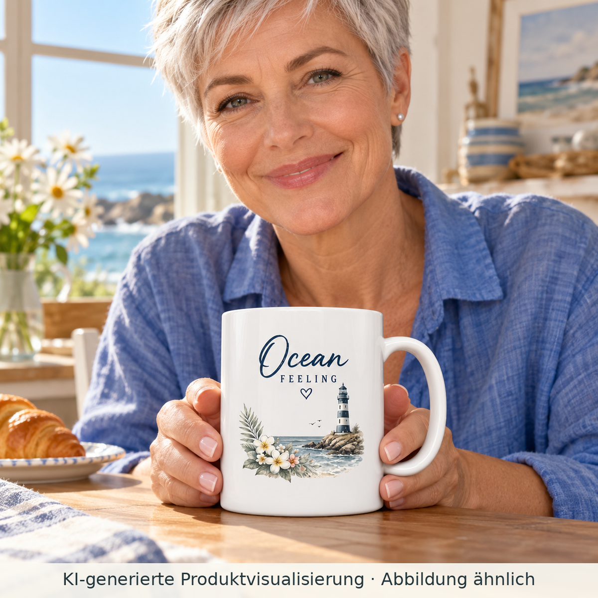 Frau hält die weiße glänzende Ocean Feeling Tasse 330 ml mit Blumen und Leuchtturm beim Frühstück in einer Ferienwohnung.