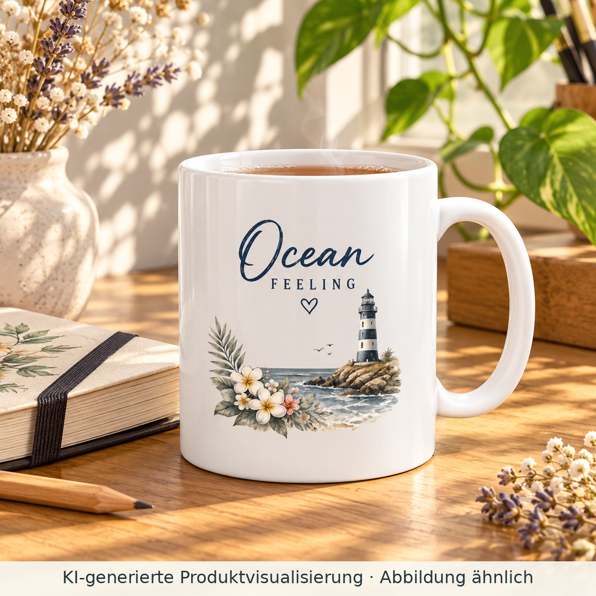 Weiße Ocean Feeling Tasse 330 ml mit floralem Leuchtturm-Motiv neben einem Skizzenbuch auf einem Schreibtisch.