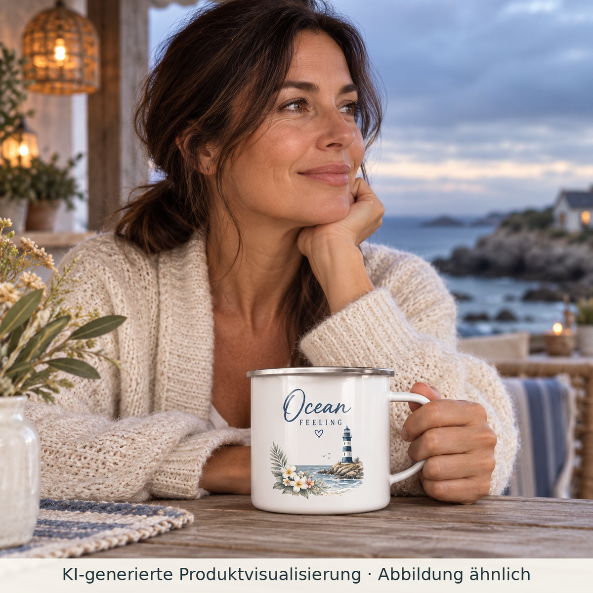 Frau hält eine weiße Ocean Feeling Emaille-Tasse mit Silberrand und floralem Leuchtturm-Motiv auf einer Küstenterrasse.