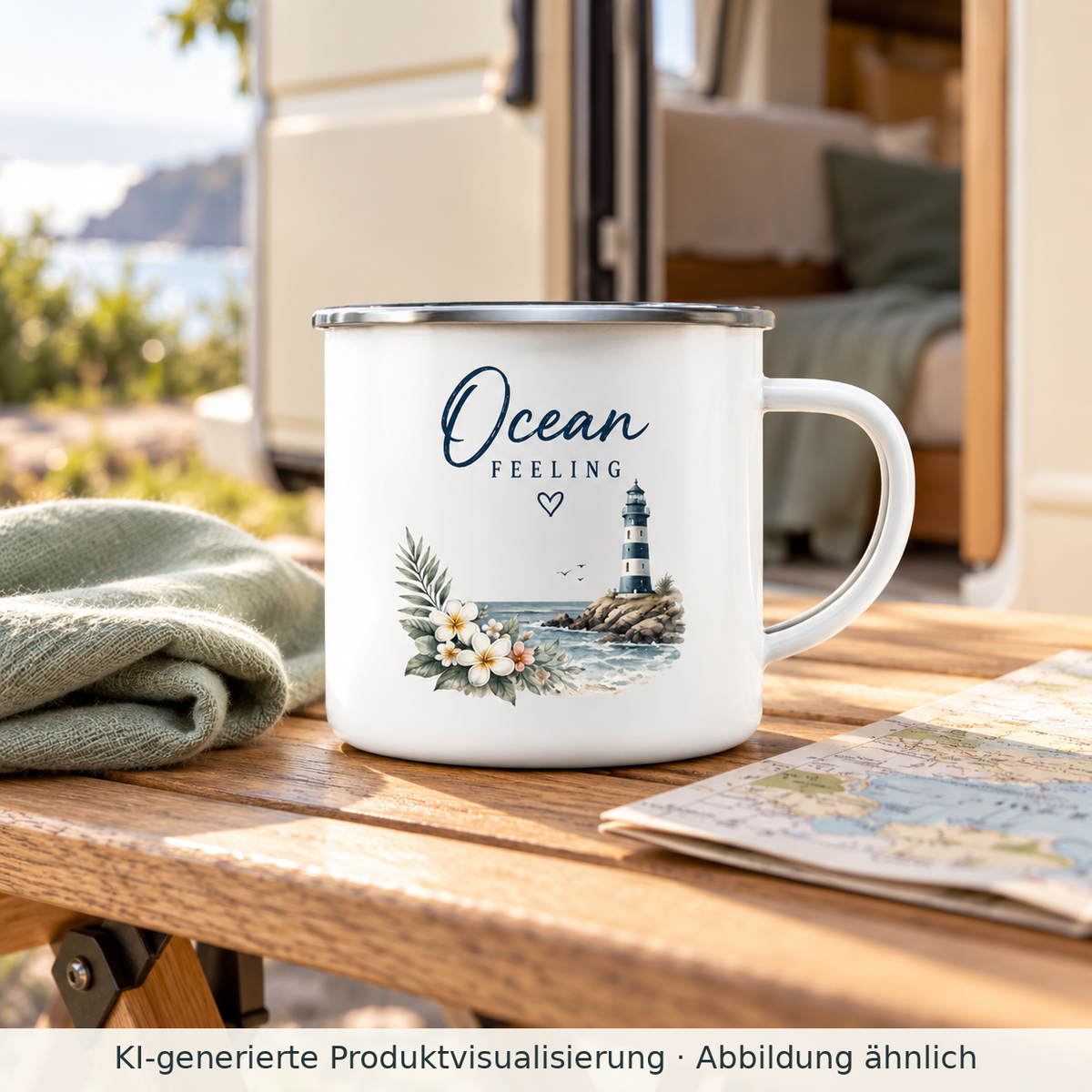 Weiße Ocean Feeling Emaille-Tasse 300 ml mit Silberrand, Blumen und Leuchtturm auf einem Campingtisch.