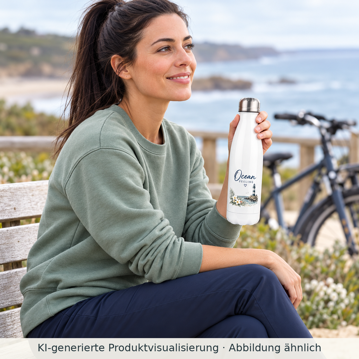 Frau hält eine weiße Ocean Feeling Thermoflasche 500 ml mit floralem Leuchtturm-Motiv neben einem Fahrrad an der Küste.