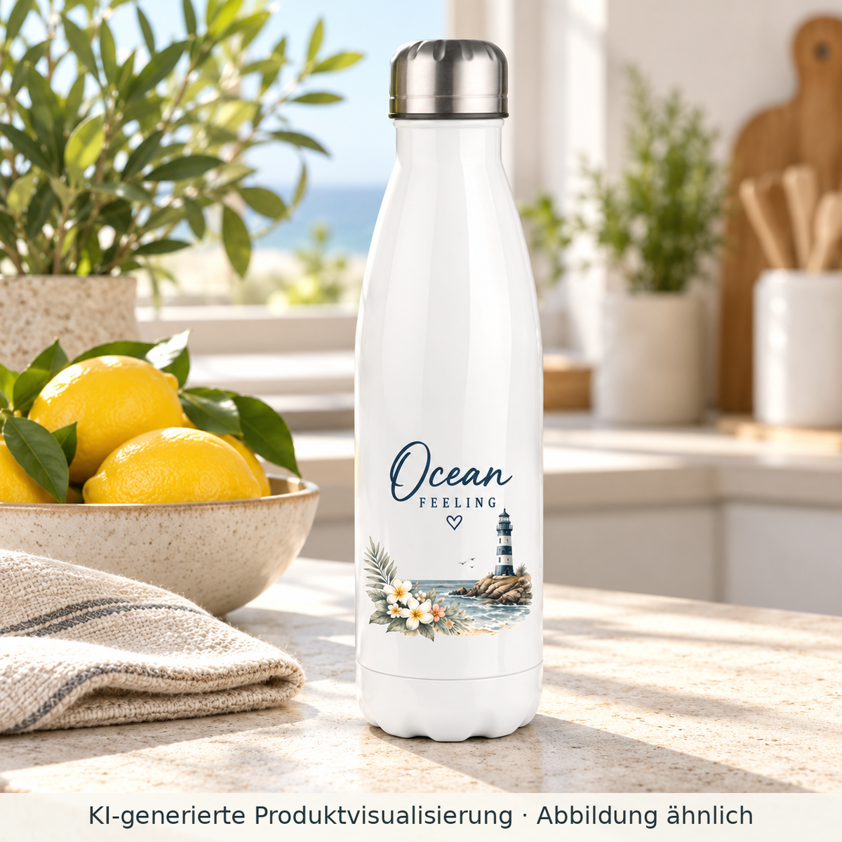 Weiße Ocean Feeling Edelstahl-Thermoflasche 500 ml mit silbernem Deckel, Blumen und Leuchtturm in einer hellen Küche.