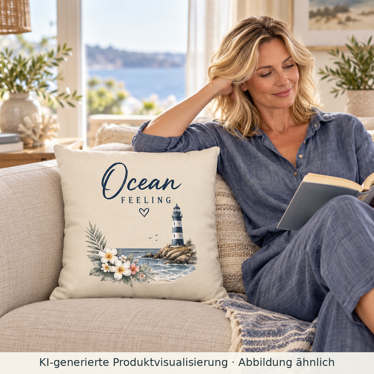 Naturfarbenes Ocean Feeling Kissen 40 × 40 cm mit floralem Leuchtturm-Frontmotiv auf einem Sofa neben einer lesenden Frau.