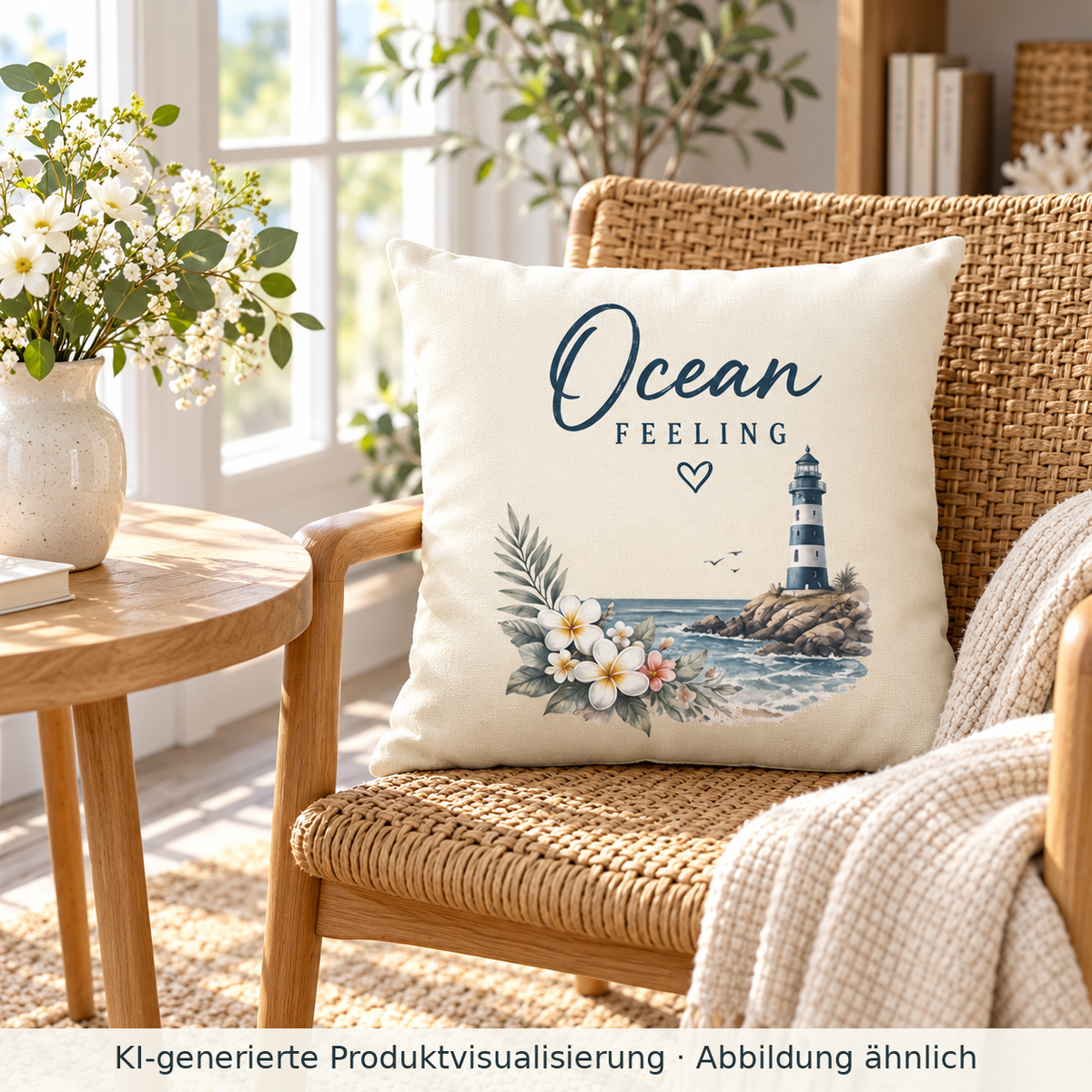 Naturfarbenes Ocean Feeling Kissen 40 × 40 cm mit Blumen und Leuchtturm auf einem geflochtenen Sessel im hellen Lesezimmer.