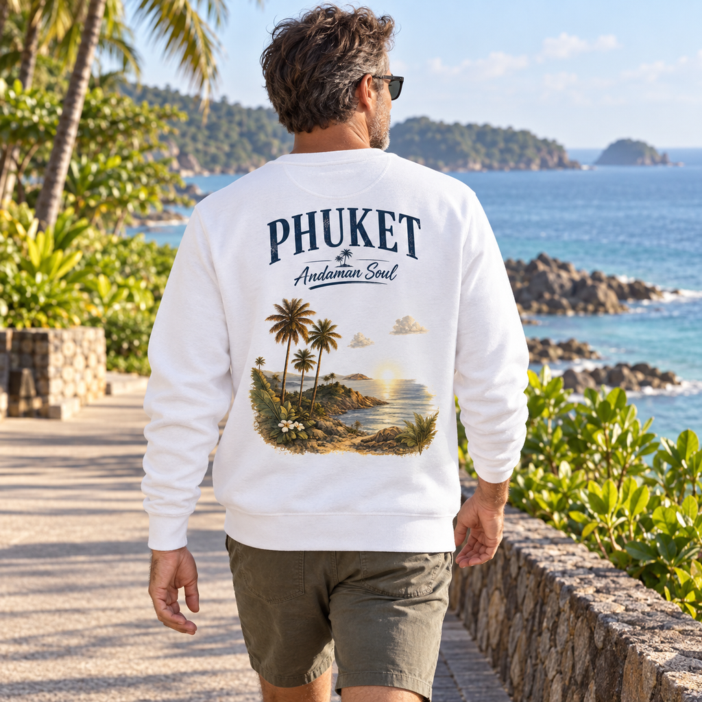 Mann trägt weißes Phuket Andaman Soul Bio-Sweatshirt mit Rückenprint an der tropischen Küste