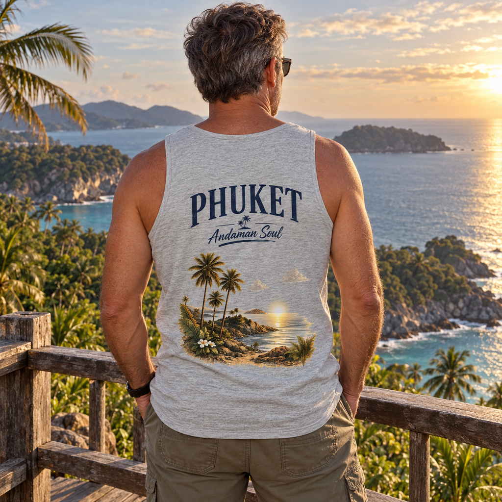 Mann trägt graues Phuket Andaman Soul Bio-Tanktop mit Rückenprint an einem Aussichtspunkt