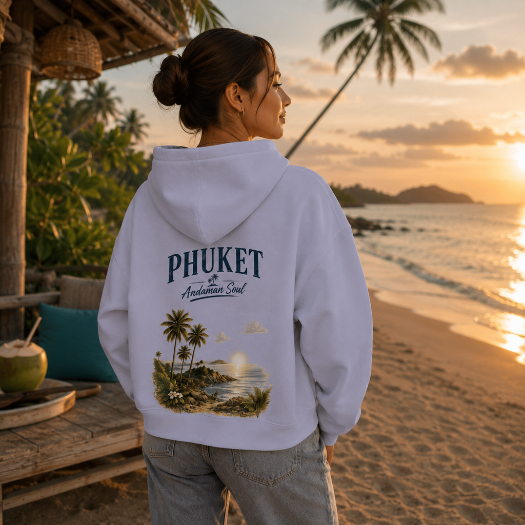 Frau am tropischen Strand mit lavendelfarbenem Phuket Andaman Soul Boxcut Hoodie und Vintage-Rückenprint