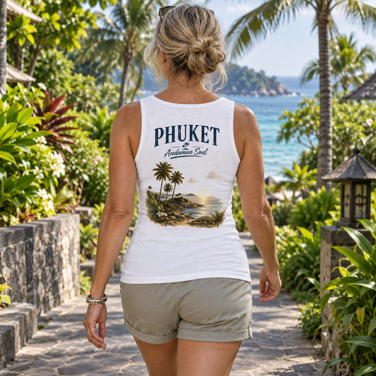 Frau trägt weißes Phuket Andaman Soul Damen Bio-Tanktop mit Rückenprint in einem tropischen Garten