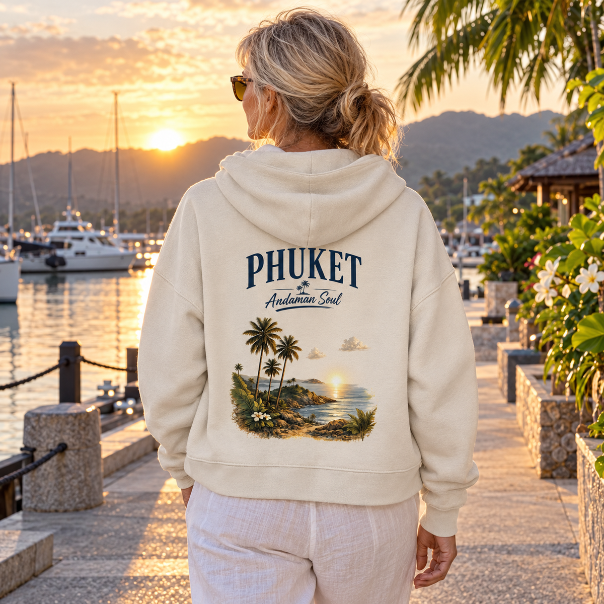 Frau trägt naturfarbenen Phuket Andaman Soul Damen Boxcut Bio-Hoodie mit Rückenprint am Yachthafen