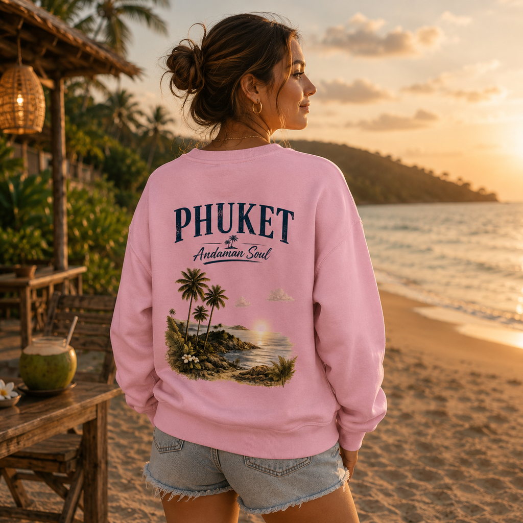 Frau am tropischen Strand mit rosa Phuket Andaman Soul Sweatshirt und großem Rückenprint mit Palmen, Küste und Meer