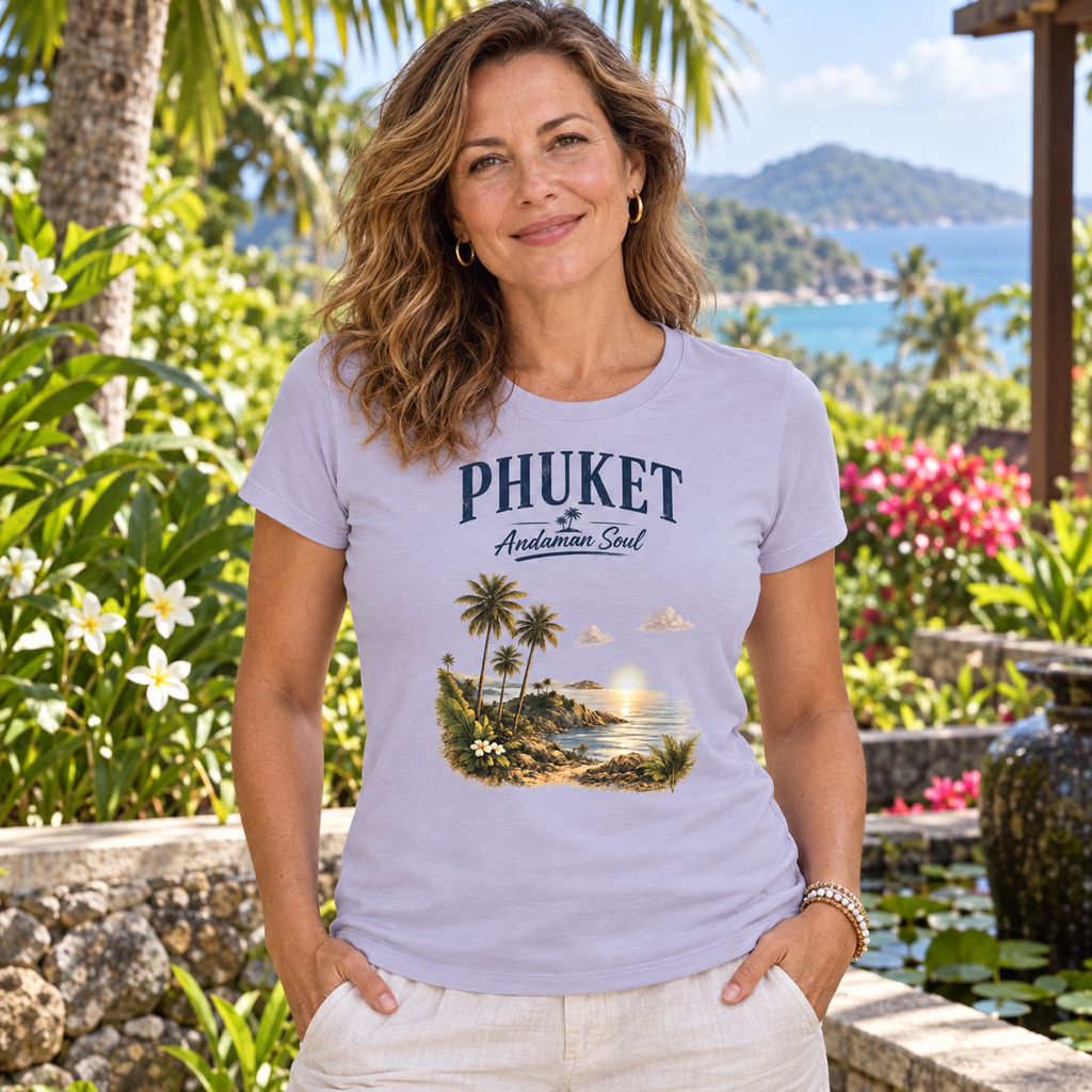 Frau trägt lavendelfarbenes Phuket Andaman Soul Damen-Bio-T-Shirt im tropischen Garten