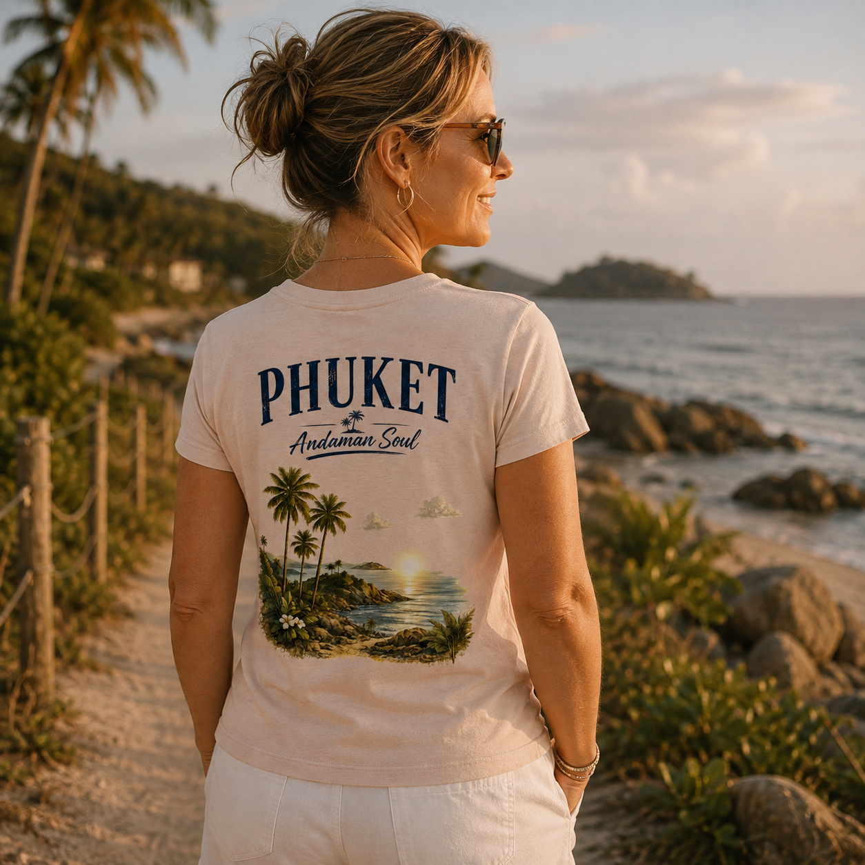 Frau trägt helles Phuket Andaman Soul Damen T-Shirt mit tropischem Rückenprint aus Palmen, Meer und Küstenlandschaft am Strand.