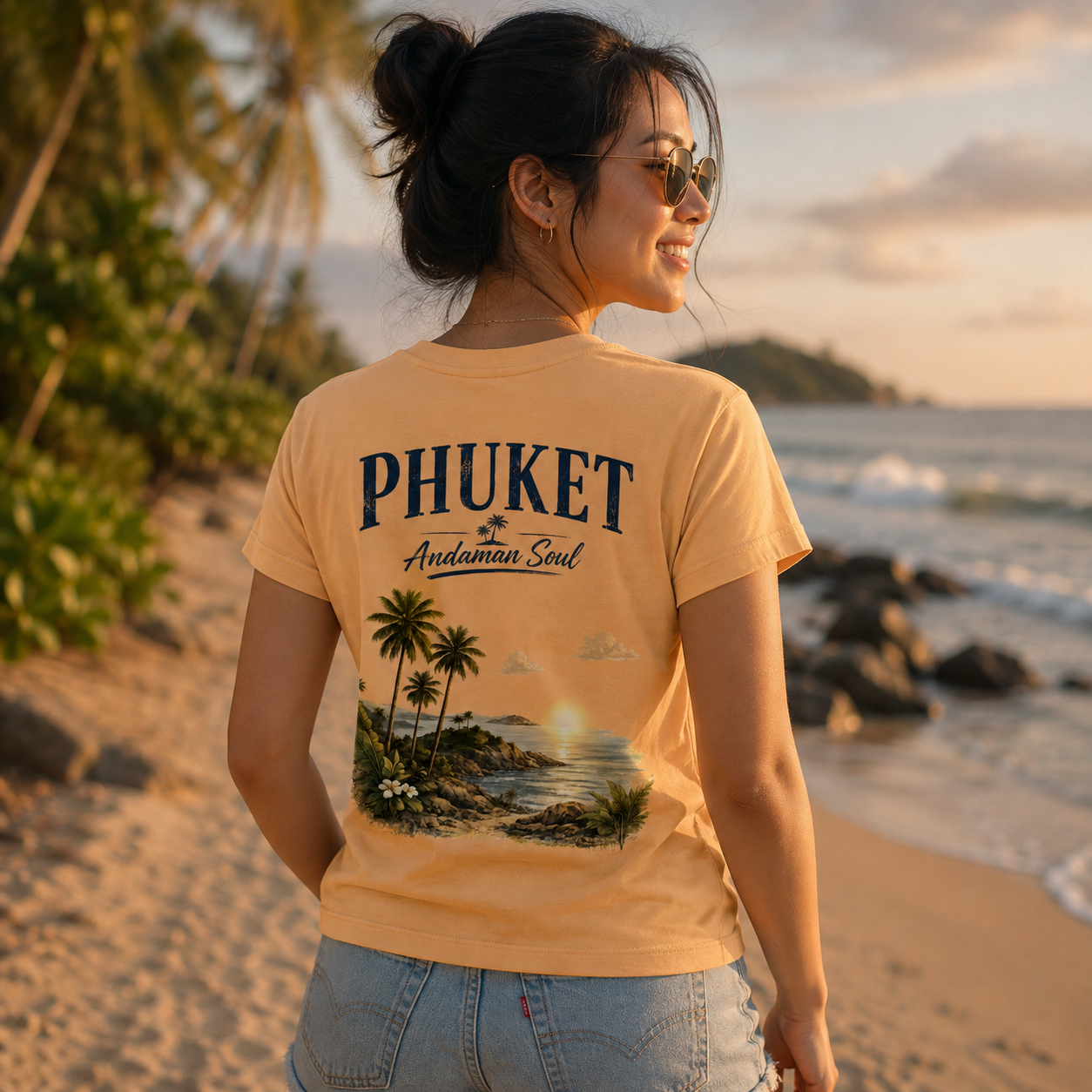 Asiatische Frau trägt Phuket Andaman Soul Damen T-Shirt mit tropischem Rückenprint aus Palmen, Meer und Küstenlandschaft am Strand.