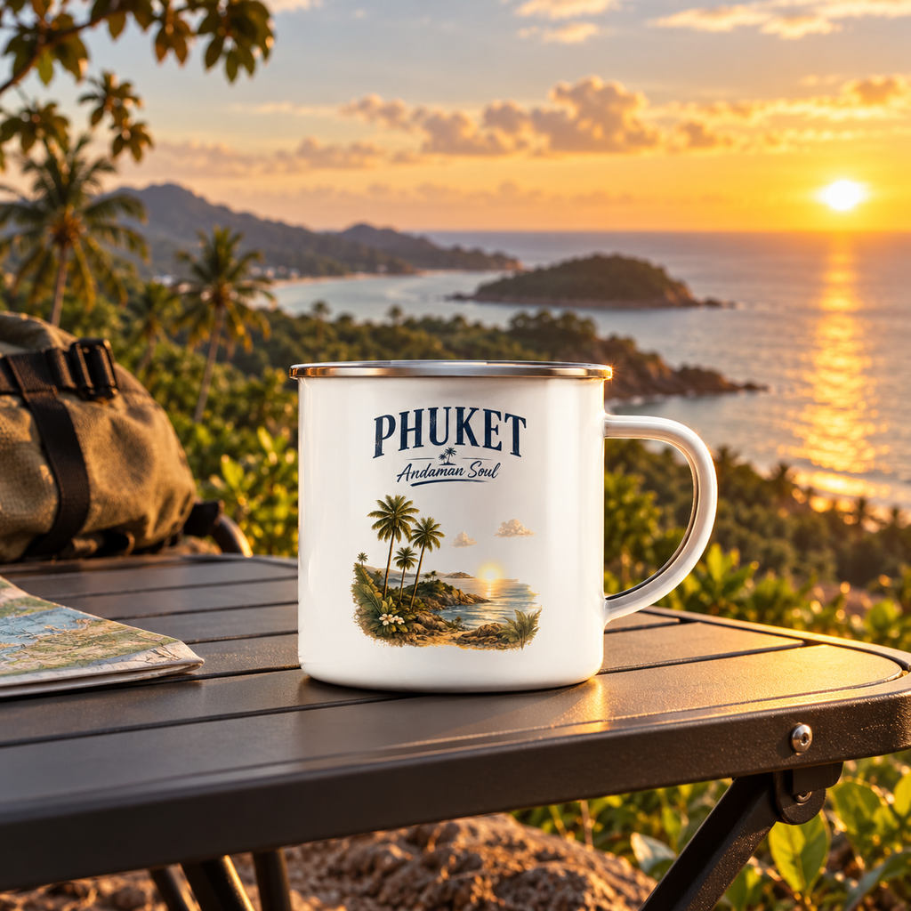 Phuket Andaman Soul Emaille-Tasse an einem tropischen Aussichtspunkt