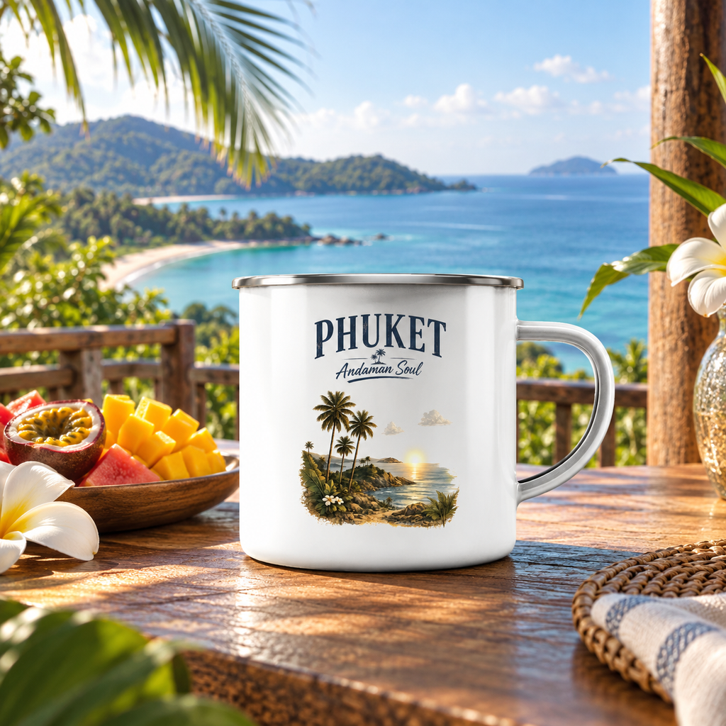 Phuket Andaman Soul Emaille-Tasse auf einer tropischen Frühstücksterrasse
