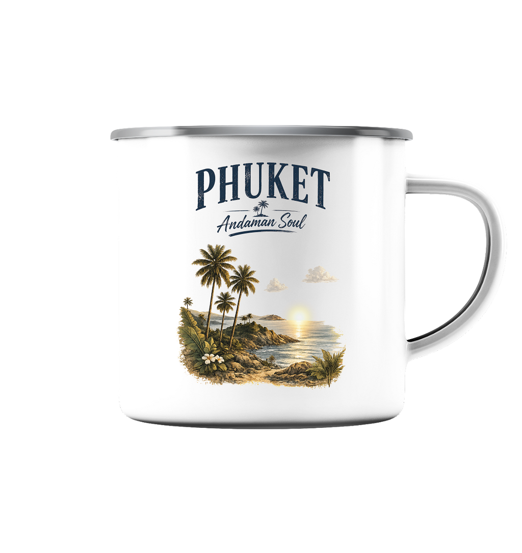 Freigestellte Phuket Andaman Soul Emaille-Tasse mit silbernem Rand