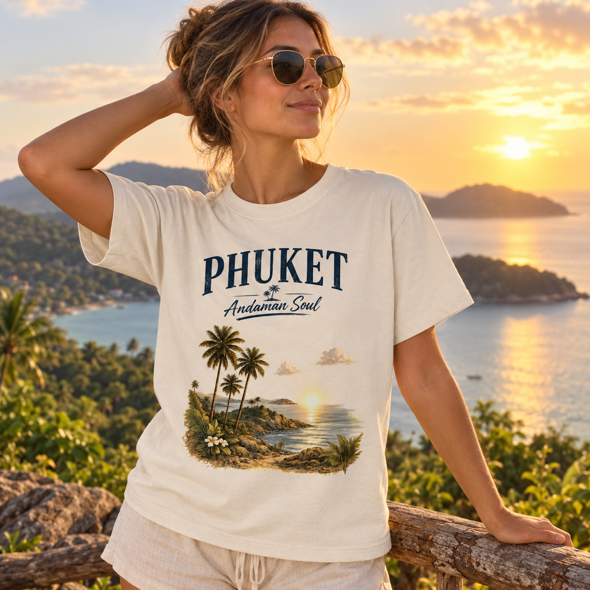 Frau im Phuket Andaman Soul Bio-Heavy T-Shirt mit Frontprint am Aussichtspunkt