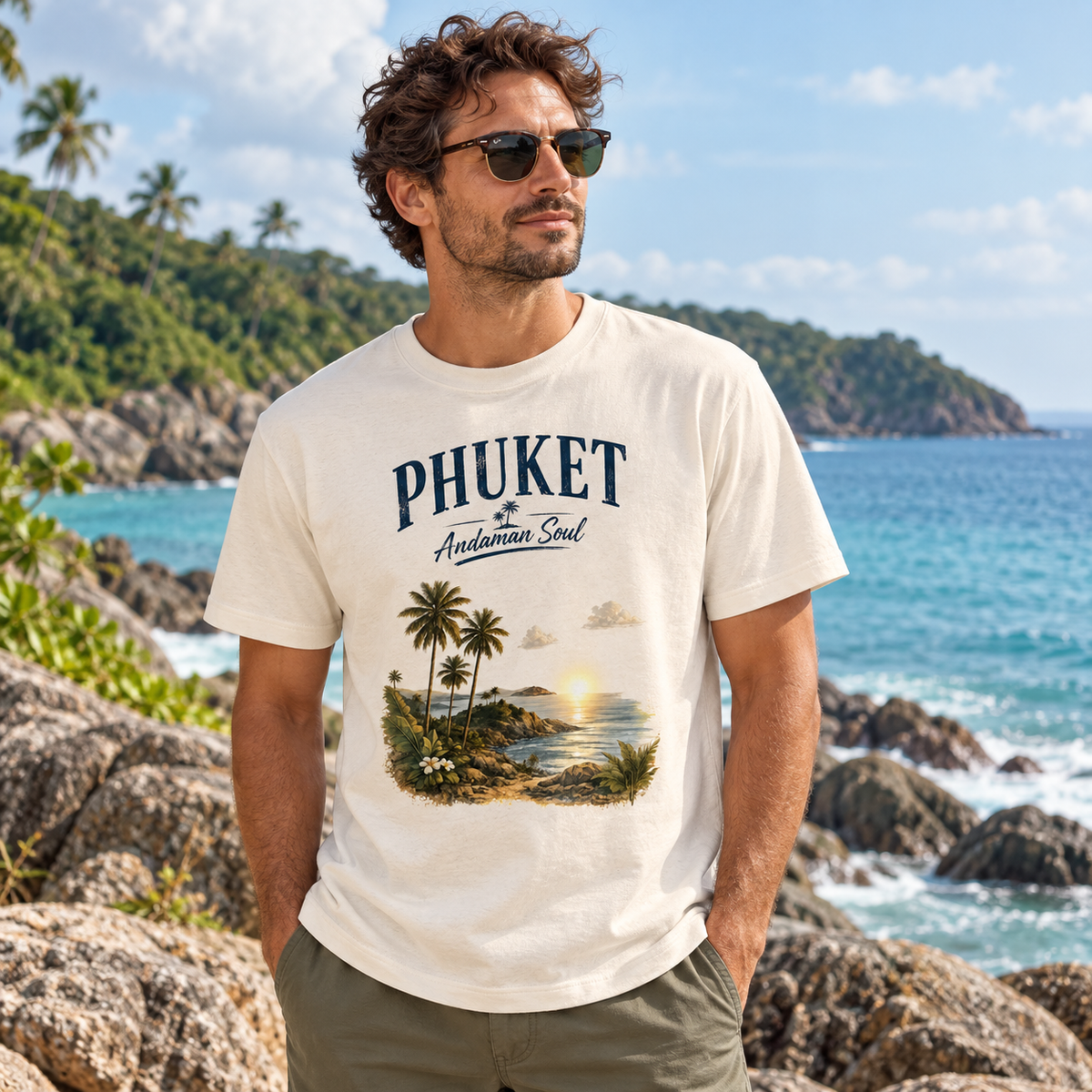 Mann im Phuket Andaman Soul Bio-Heavy T-Shirt mit Frontprint an der Felsküste