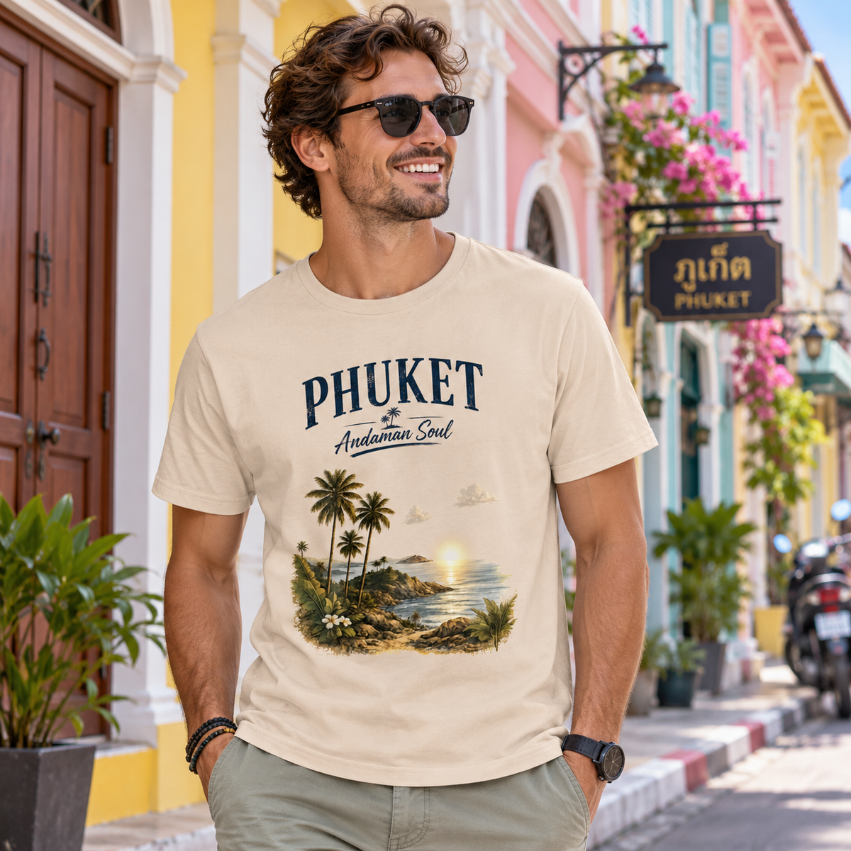 Mann im Phuket Andaman Soul Essential T-Shirt mit Frontprint in Phuket Old Town
