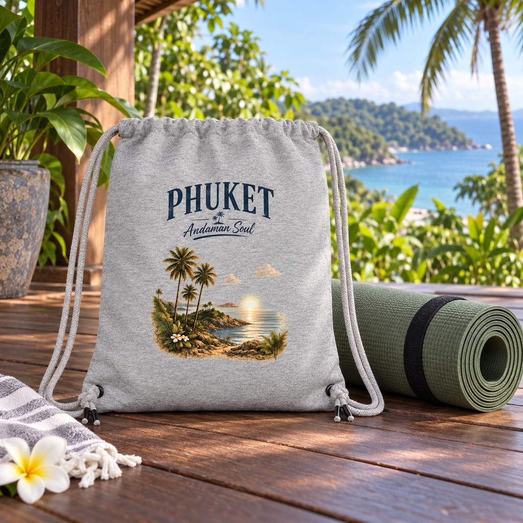 Grauer Phuket Andaman Soul Gym-Bag neben einer Yogamatte mit Meerblick