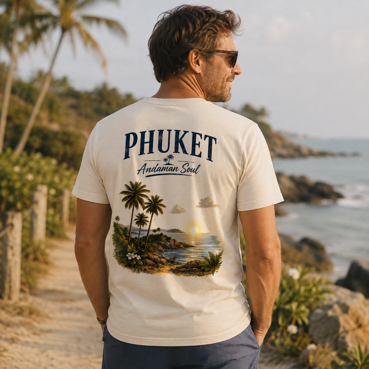 Mann trägt naturfarbenes Phuket Andaman Soul T-Shirt mit tropischem Rückenprint aus Palmen, Meer und Küstenlandschaft am Strand.