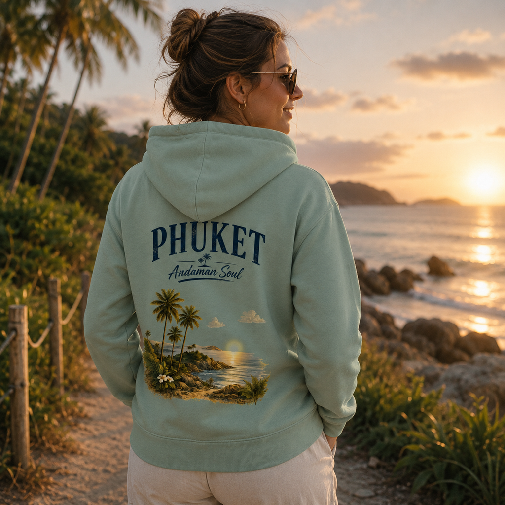 Frau trägt einen aloegrünen Hoodie mit Phuket Andaman Soul Rückenprint mit Palmen und tropischer Küstenlandschaft.