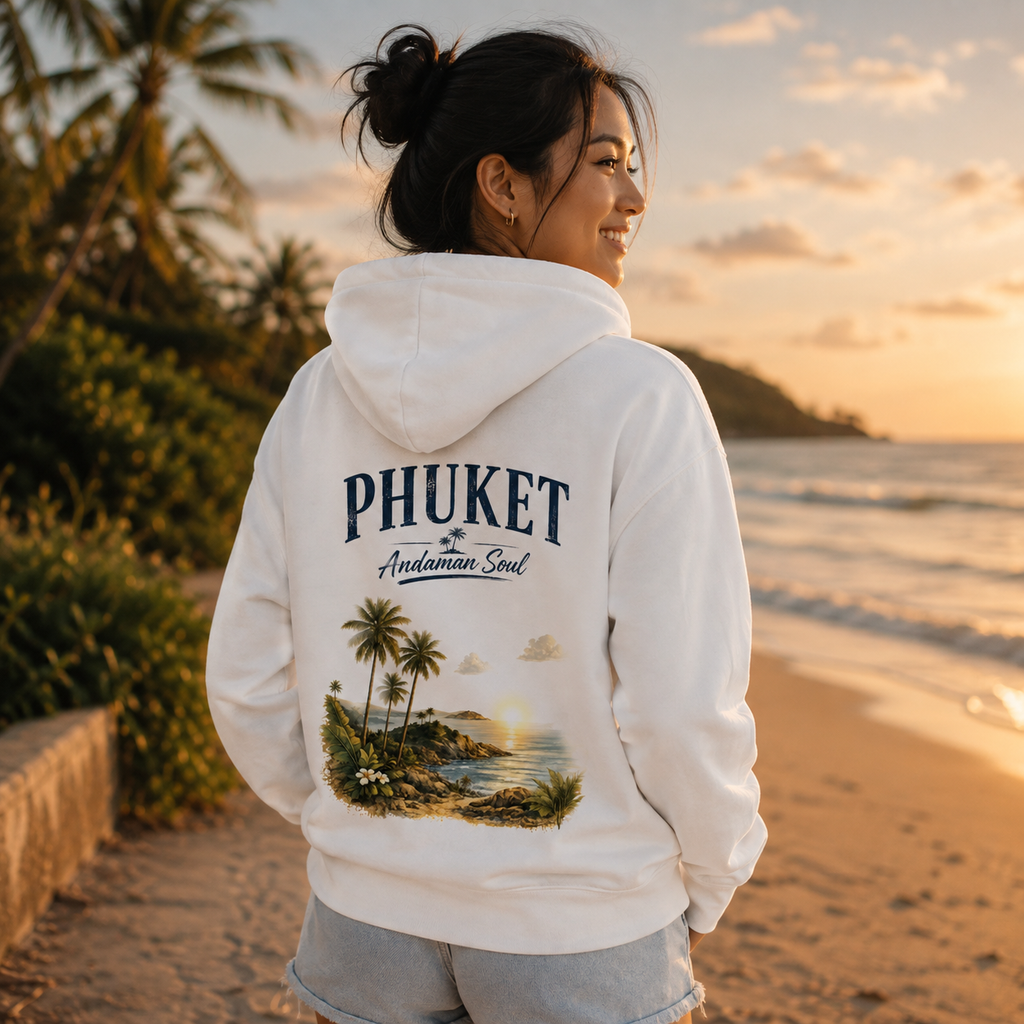 Asiatische Frau am Strand mit weißem Phuket Andaman Soul Hoodie und tropischem Rückenprint