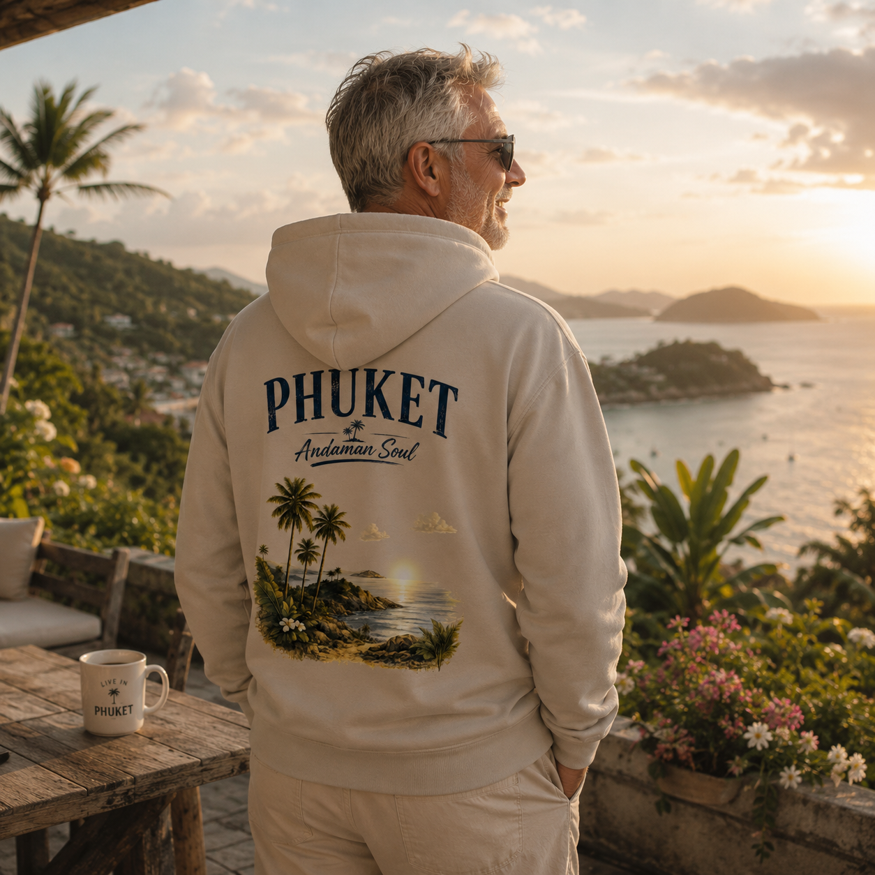 Mann mit beigem Phuket Andaman Soul Hoodie und Rückenprint vor tropischer Küstenkulisse in Thailand