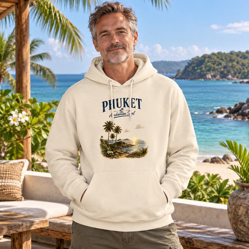 Mann trägt naturfarbenen Phuket Andaman Soul Bio-Hoodie auf einer tropischen Terrasse