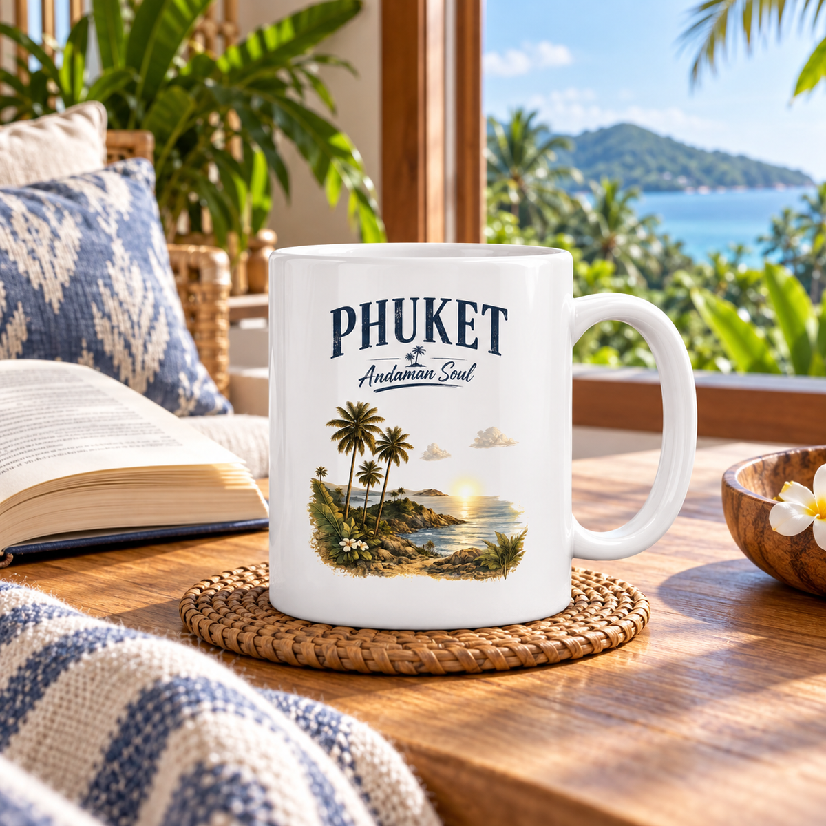 Weiße Phuket Andaman Soul Keramiktasse in einer tropischen Leseecke