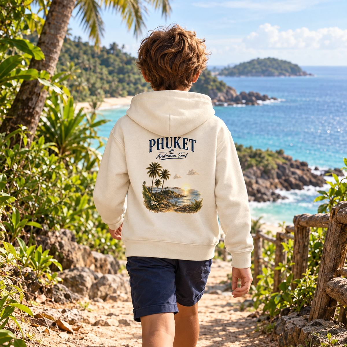 Junge trägt naturfarbenen Phuket Andaman Soul Kinder-Hoodie mit Rückenprint am Strandweg