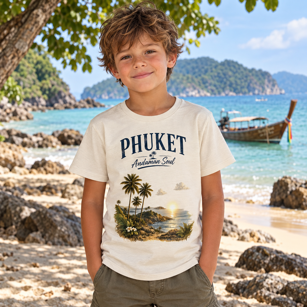 Junge trägt naturfarbenes Phuket Andaman Soul Kinder-T-Shirt am Strand