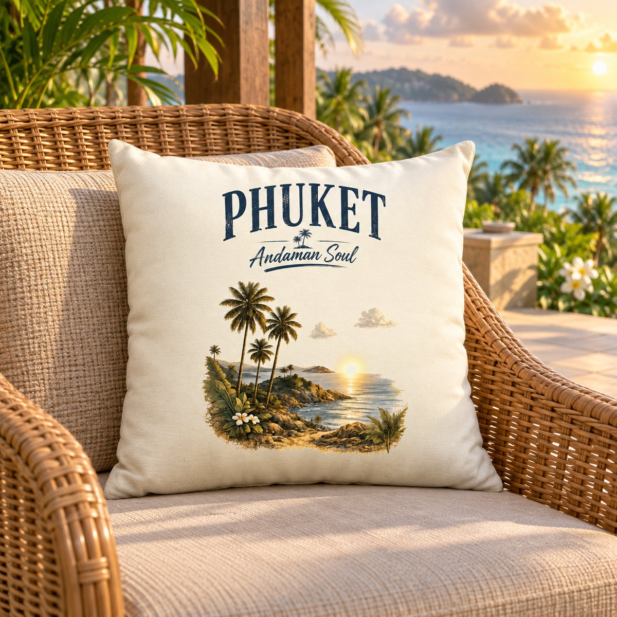Phuket Andaman Soul Kissen 40 × 40 cm mit Originalmotiv auf einer tropischen Terrasse