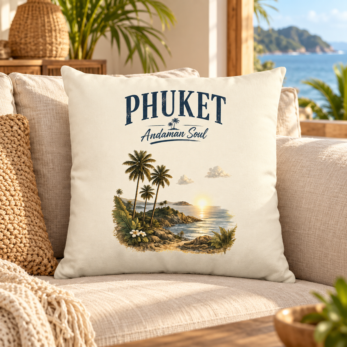 Phuket Andaman Soul Kissen 40 × 40 cm mit Originalmotiv im hellen Küsten-Wohnzimmer