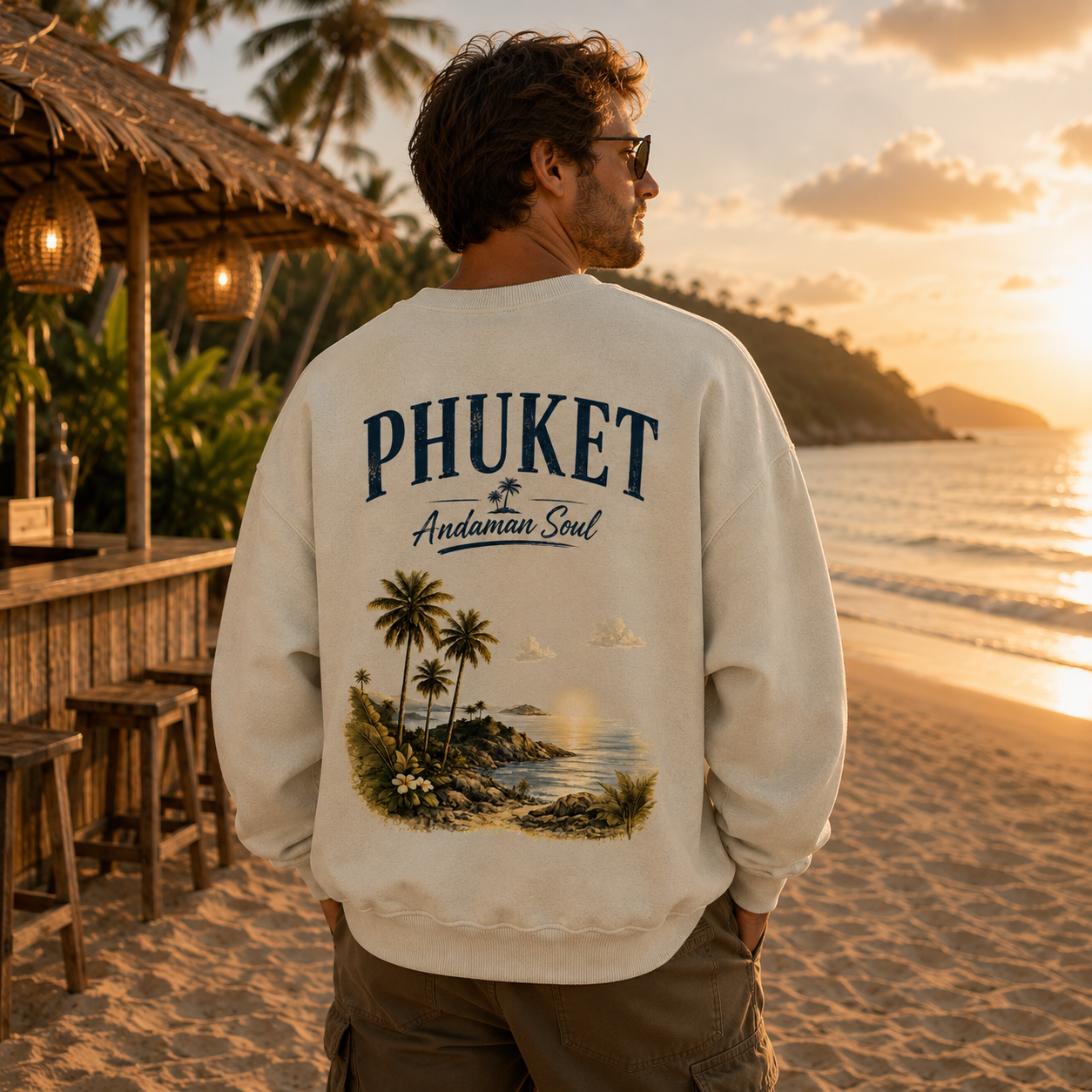 Mann am tropischen Strand mit cremefarbenem Phuket Andaman Soul Oversize Sweatshirt und großem Rückenprint mit Palmen, Küste und Meer