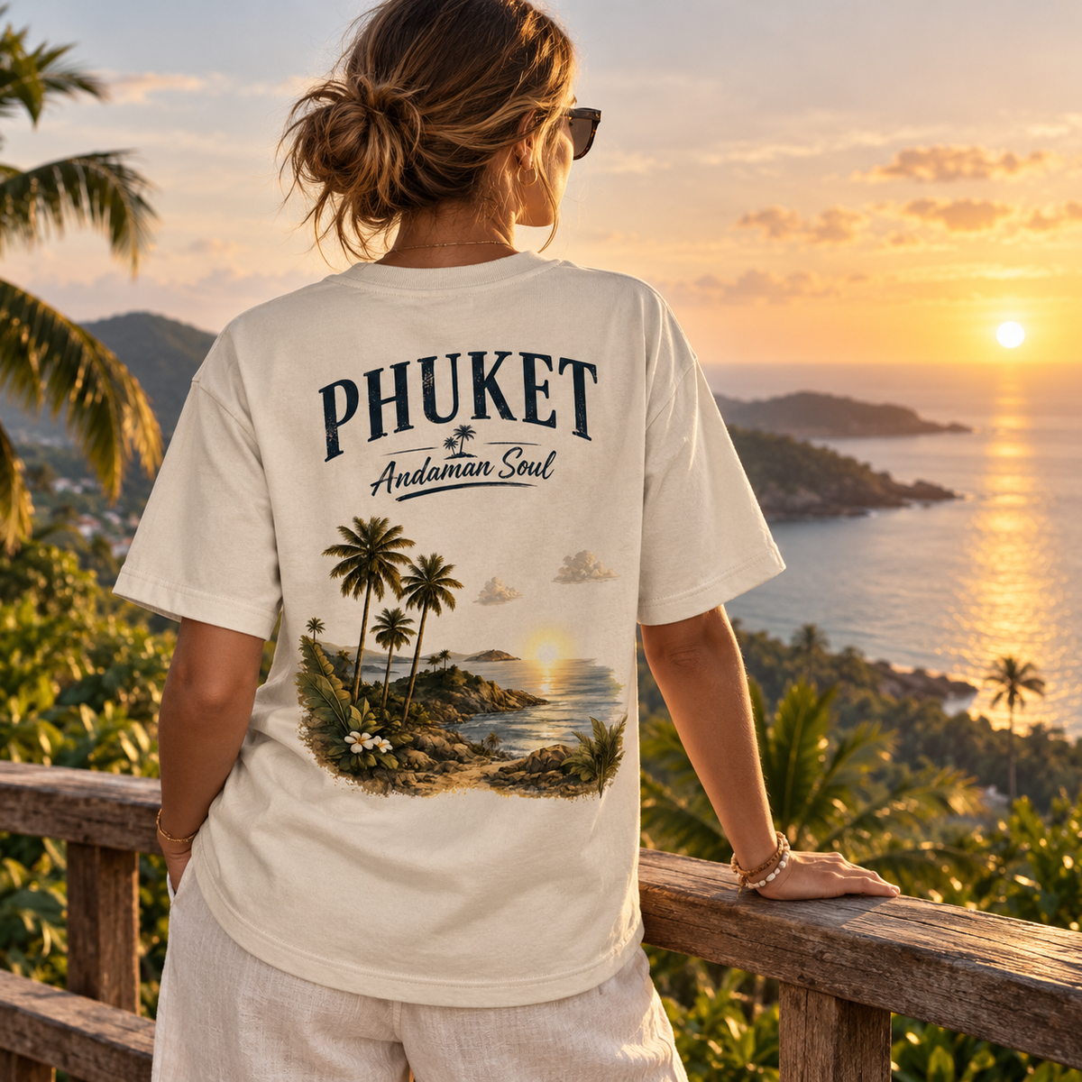 Frau im Phuket Andaman Soul Bio-Heavy T-Shirt mit Rückenprint am Aussichtspunkt
