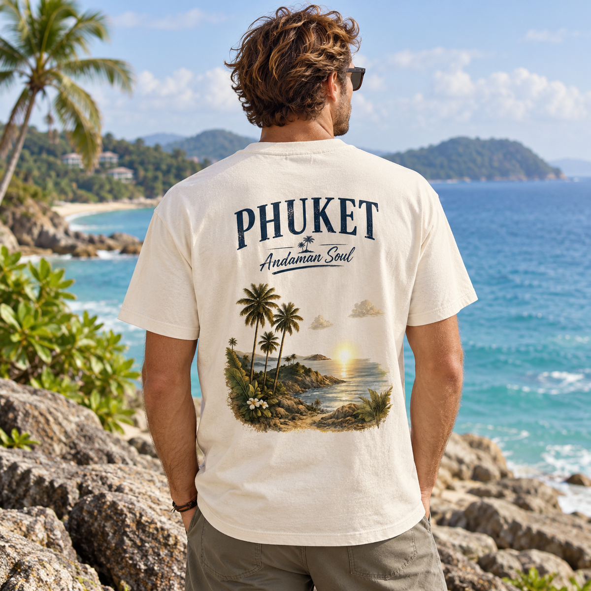Mann im Phuket Andaman Soul Bio-Heavy T-Shirt mit Rückenprint an der Felsküste