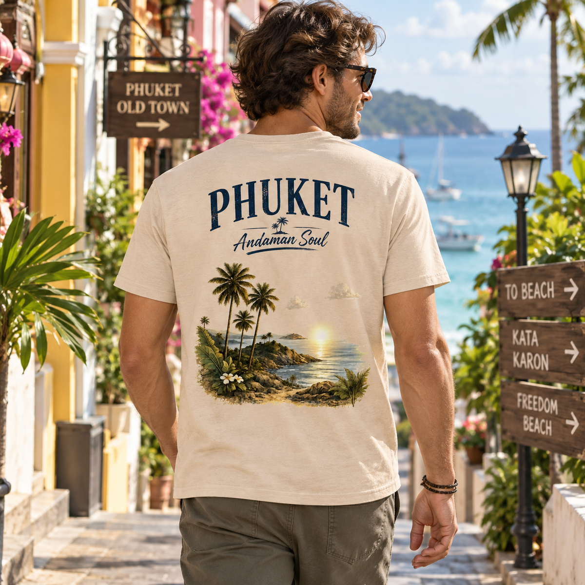 Mann im Phuket Andaman Soul Essential T-Shirt mit Rückenprint nahe Phuket Old Town
