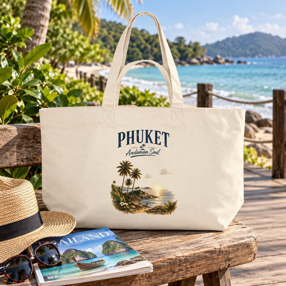Phuket Andaman Soul Shopping-Bag an einer tropischen Strandpromenade