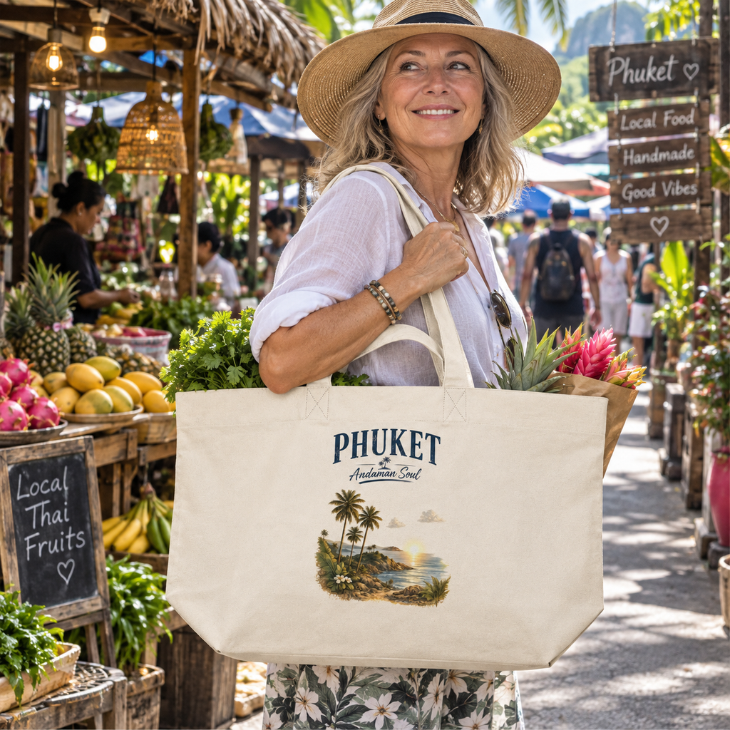 Frau trägt Phuket Andaman Soul Shopping-Bag auf einem tropischen Markt