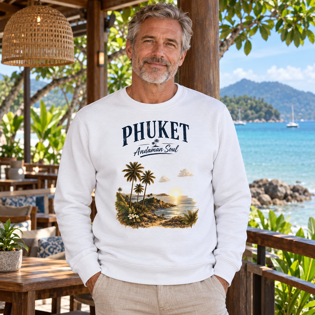 Mann trägt weißes Phuket Andaman Soul Bio-Sweatshirt auf einer Meeresterrasse